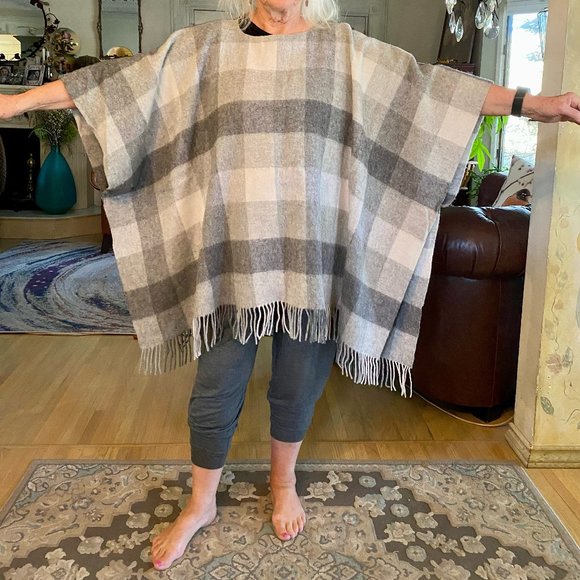 Wool Blend Part Two Grey Plaid Women's Fringe Poncho - Picture 2 of 5